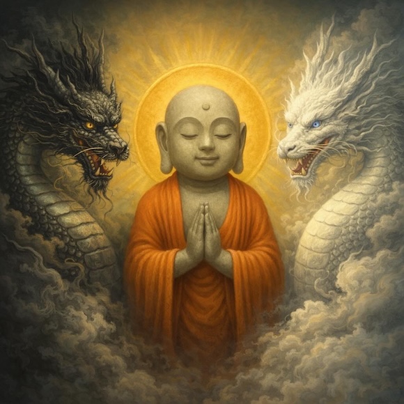 G012-001-Silent Prayer Jizō - Guardians of Black and White Dragons